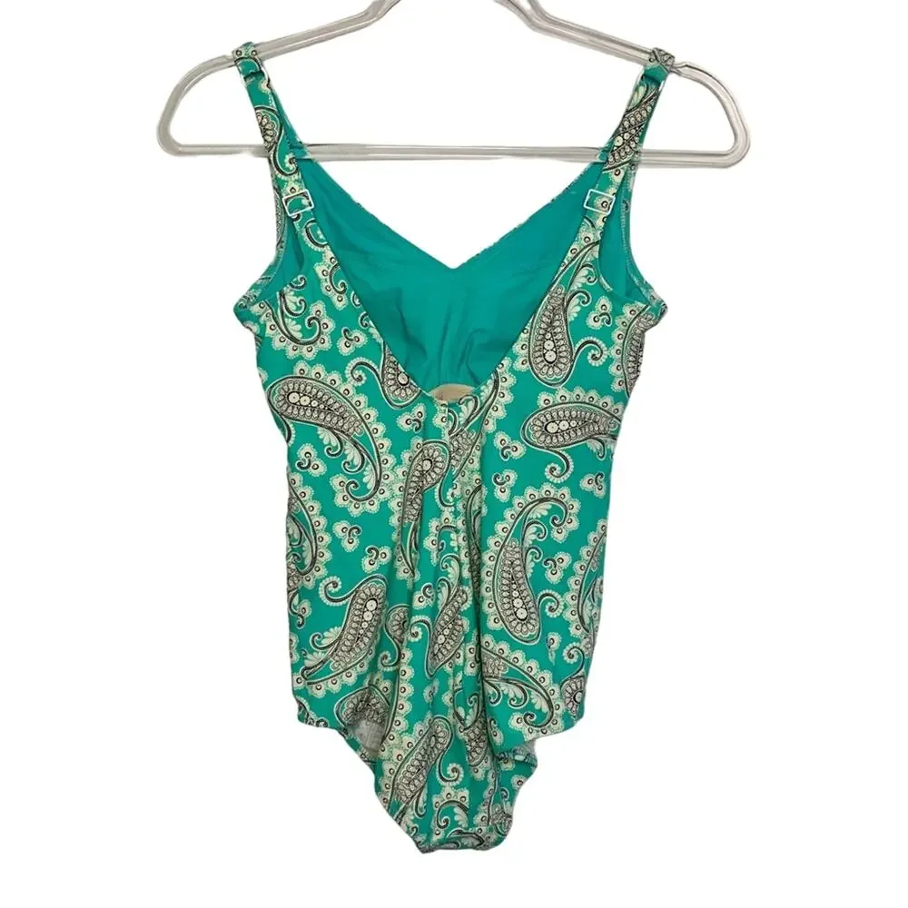 ANITA Paisley One-Piece Swimsuit V-Neck Scoop Back Turquoise Multicolor Size 8